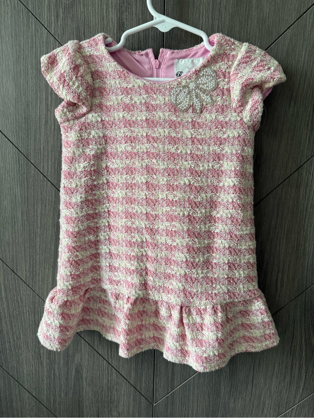 Rare Editions Toddler Girls Pink & Cream Striped Tweed Dress with Pearl Bow